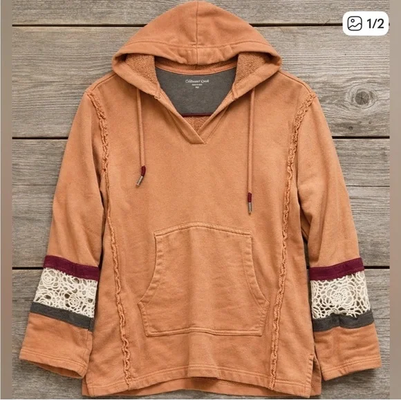 Coldwater Creek Peach Salmon Boho Hoodie with Lace Trim - Picture 2 of 2